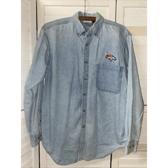 90s Denver Broncos Denim Shirt Light Wash Long Sleeve Embroidered Logo Small - Picture 1 of 7
